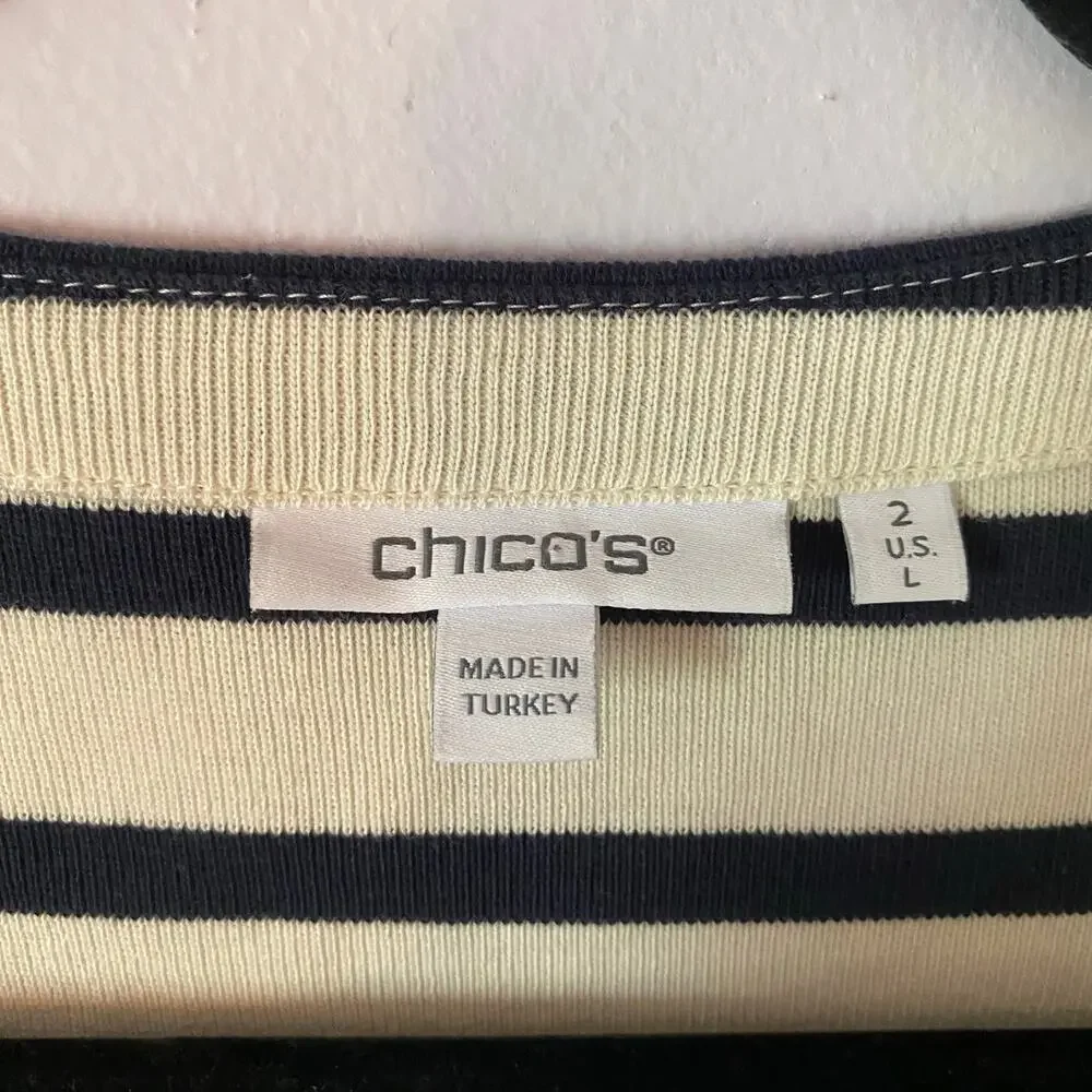 Chico's Blue Cream Stripe Popover Sweater Nautical Sailor Women's size 2 / Large